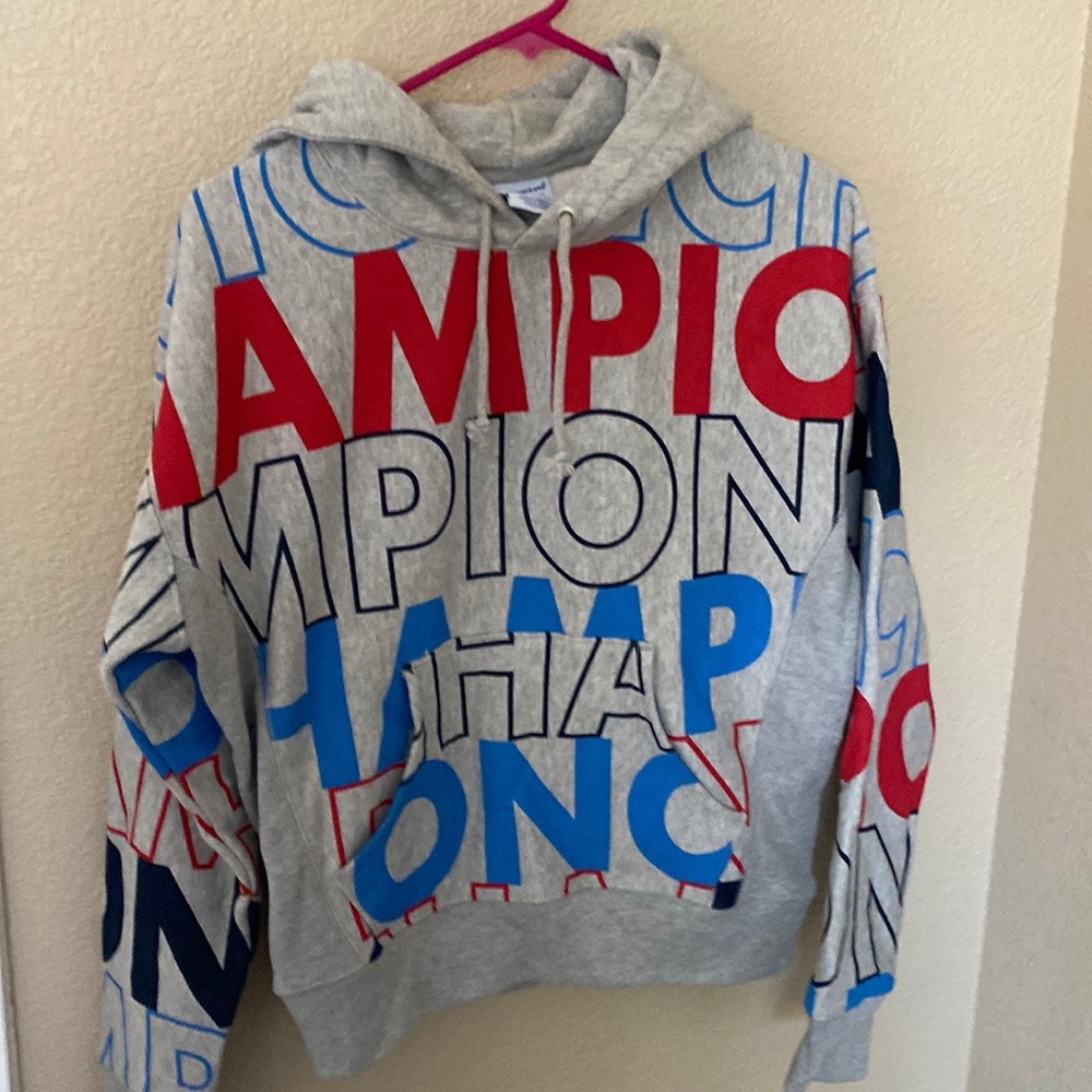 Champion hoodie - small - grey with large block letters